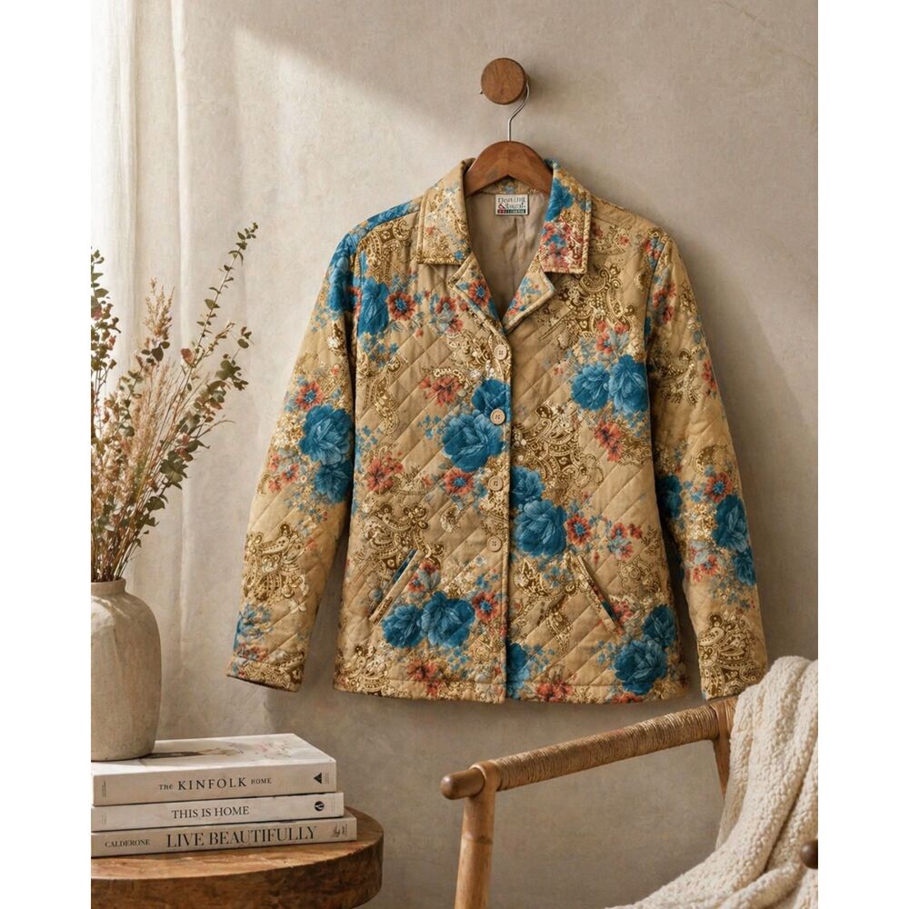 Vintage Quilted Floral Jacket Large Blue Rose Cottagecore Lightweight